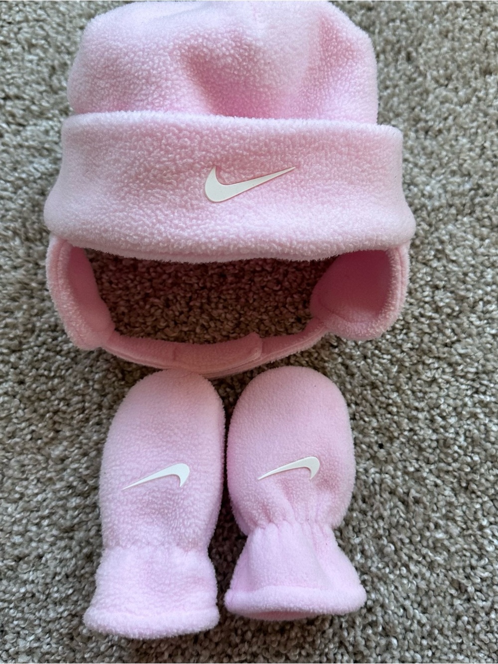 Nike Infant Pink Fleece Trapper Hat & Mittens Set Ear Flap Logo Solid 533